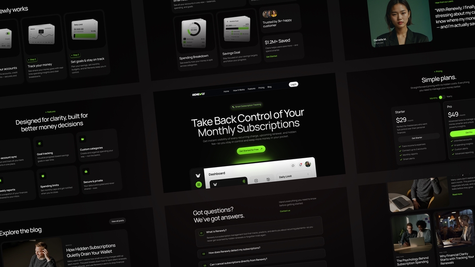 Dark Mode SaaS Platform Interface for CRM and Billing, Clean Modern UI/UX, Web Design, Landing Page