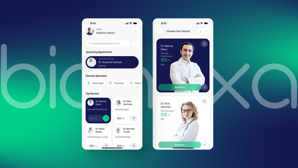 Responsive, Modern Mobile App Design for a Medical Appointment, Hospitality, Book Doctors App, UI/UX