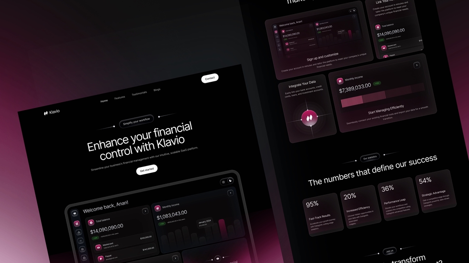 Pink Themed SaaS Admin Dashboard with Dark UI/UX, Financial Management Design, Landing Page Business
