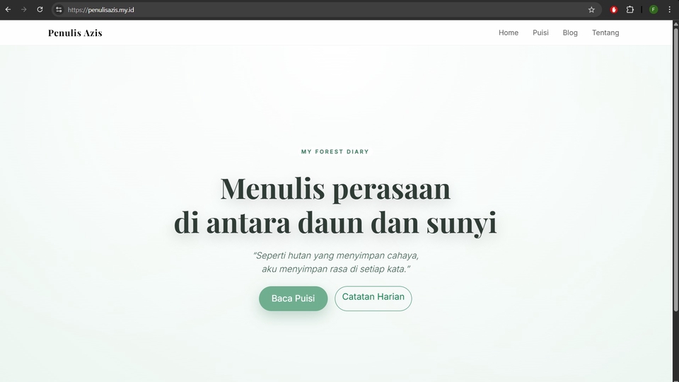 “Halaman utama website Penulis Azis dengan tampilan minimalis bertema alam dan tulisan puisi.”