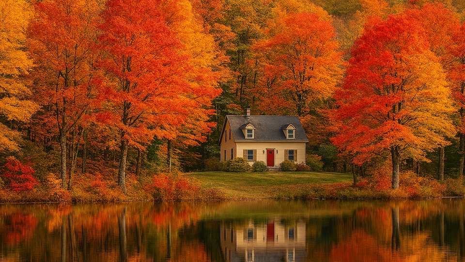 Rumah kecil di tepi danau, dikelilingi pohon musim gugur, tercermin indah di permukaan air.