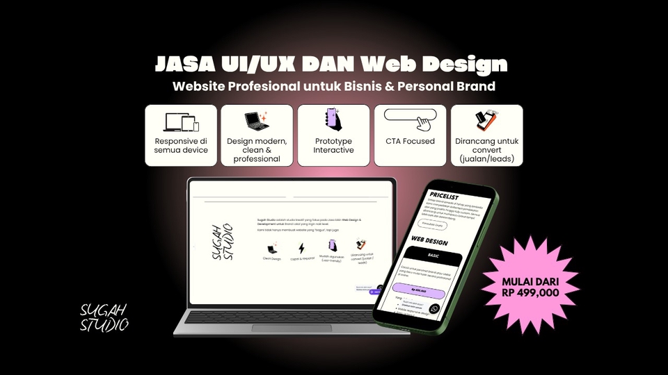UI/UX design dan web design website dengan tampilan clean. Lengkap dengan prototype high fidelity