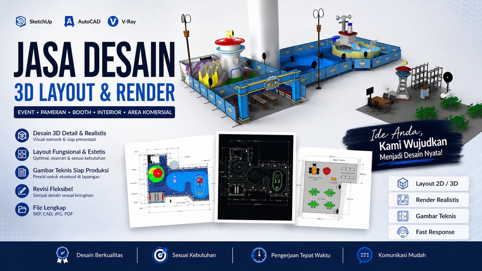 Jasa desain 3D SketchUp, render V-Ray, layout booth, interior, gambar kerja AutoCAD