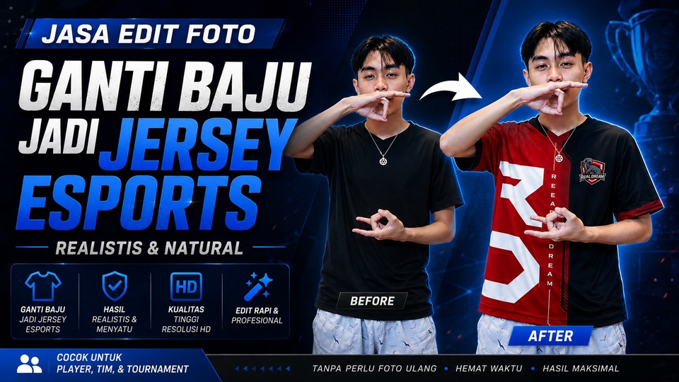 Saya siap mengedit foto Anda menjadi mengenakan jersey esports secara natural dan realistis