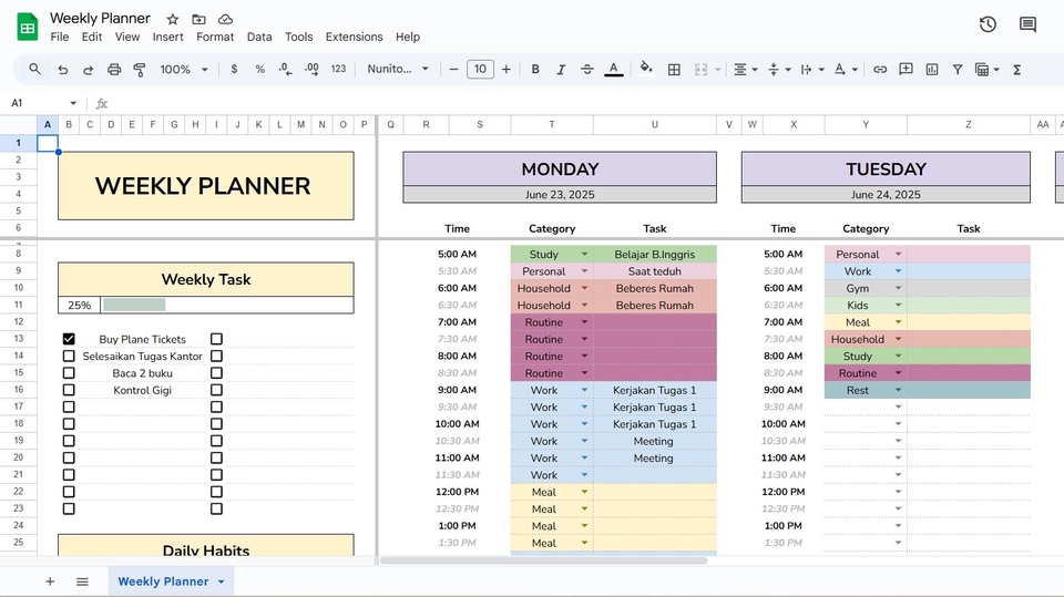 Jasa Lainnya di Gaya Hidup - Template Weekly Planner Google Sheets | Atur Waktu, Tugas, dan Kebiasaan Harianmu