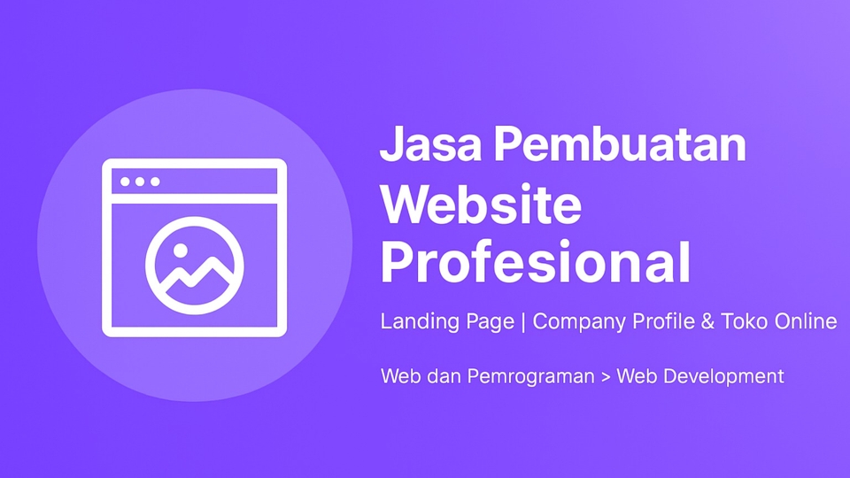 Desain ungu modern dengan ikon browser dan teks layanan pembuatan website profesional.