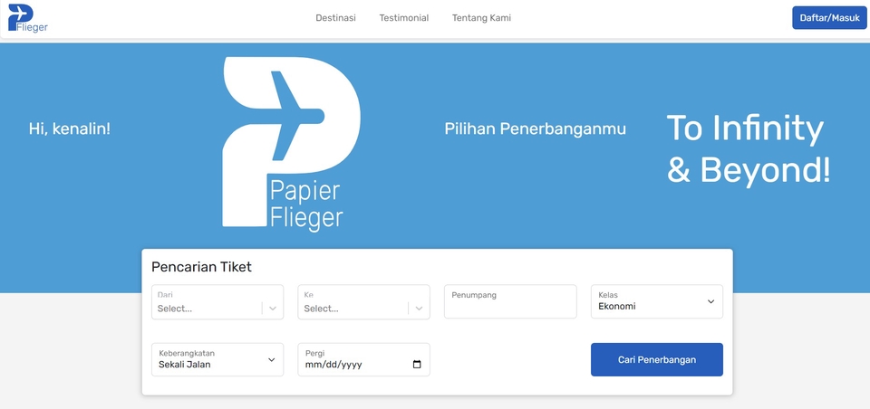 Simulasi pemesanan tiket pesawat berbasis website, UI bersih dan responsif.