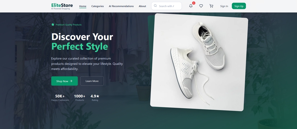 Landing page toko online (EliteStore) dengan React & Supabase, desain UI modern responsif.