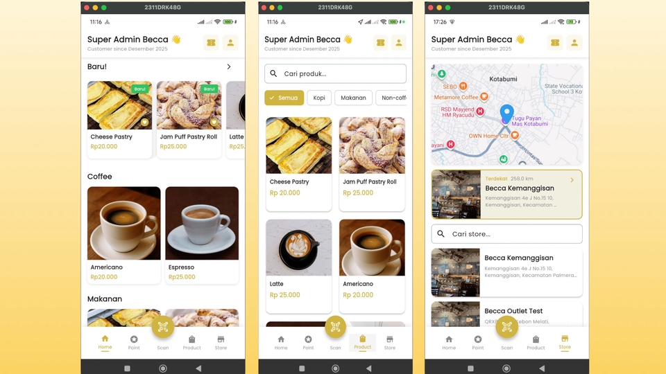 Jasa pembuatan aplikasi Android custom restoran & toko online. UI modern dengan database Firebase