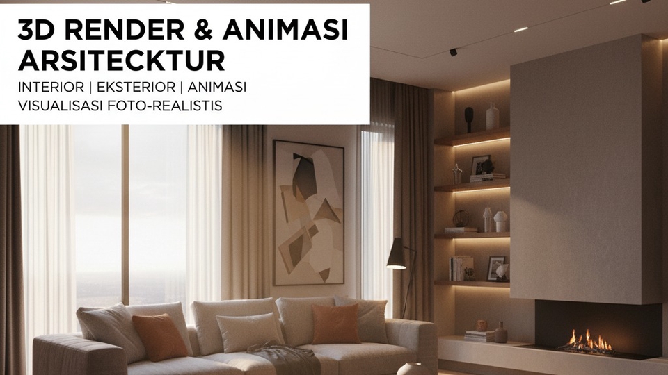 Render interior ruang tamu modern, visualisasi 3D desain interior, furniture custom, detail material