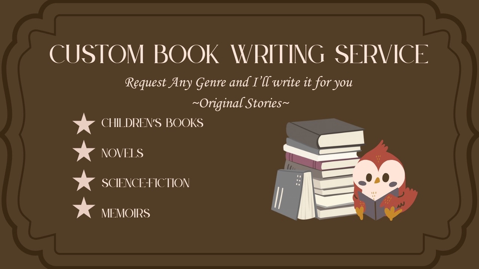 I offer custom book writing in fluent English. Each book is original and tailored to your needs.
