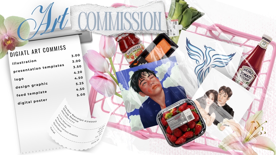 Digital art commission: ilustrasi, logo, desain grafis, dan template presentasi.